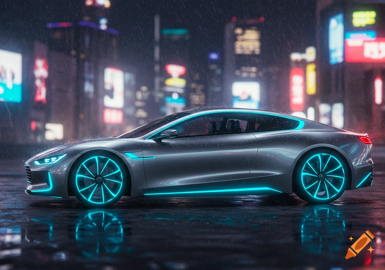 A futuristic silver sports car with glowing blue accents on the wheels and body, parked on a wet street in a rainy cyberpunk city at night.
