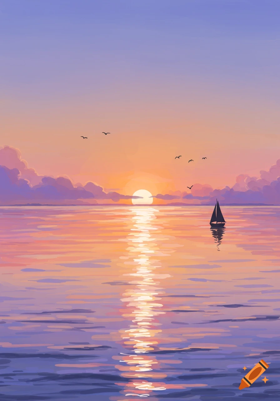 A tranquil illustration of a vibrant sunset over water with a lone sailboat and birds in the sky.