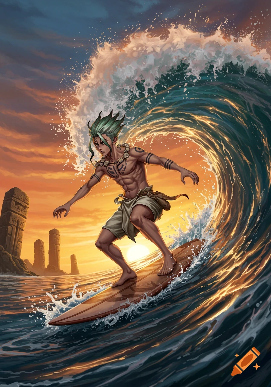An anime-style illustration of a male character with green spiky hair surfing a large wave at sunset, with ancient stone pillars in the background.