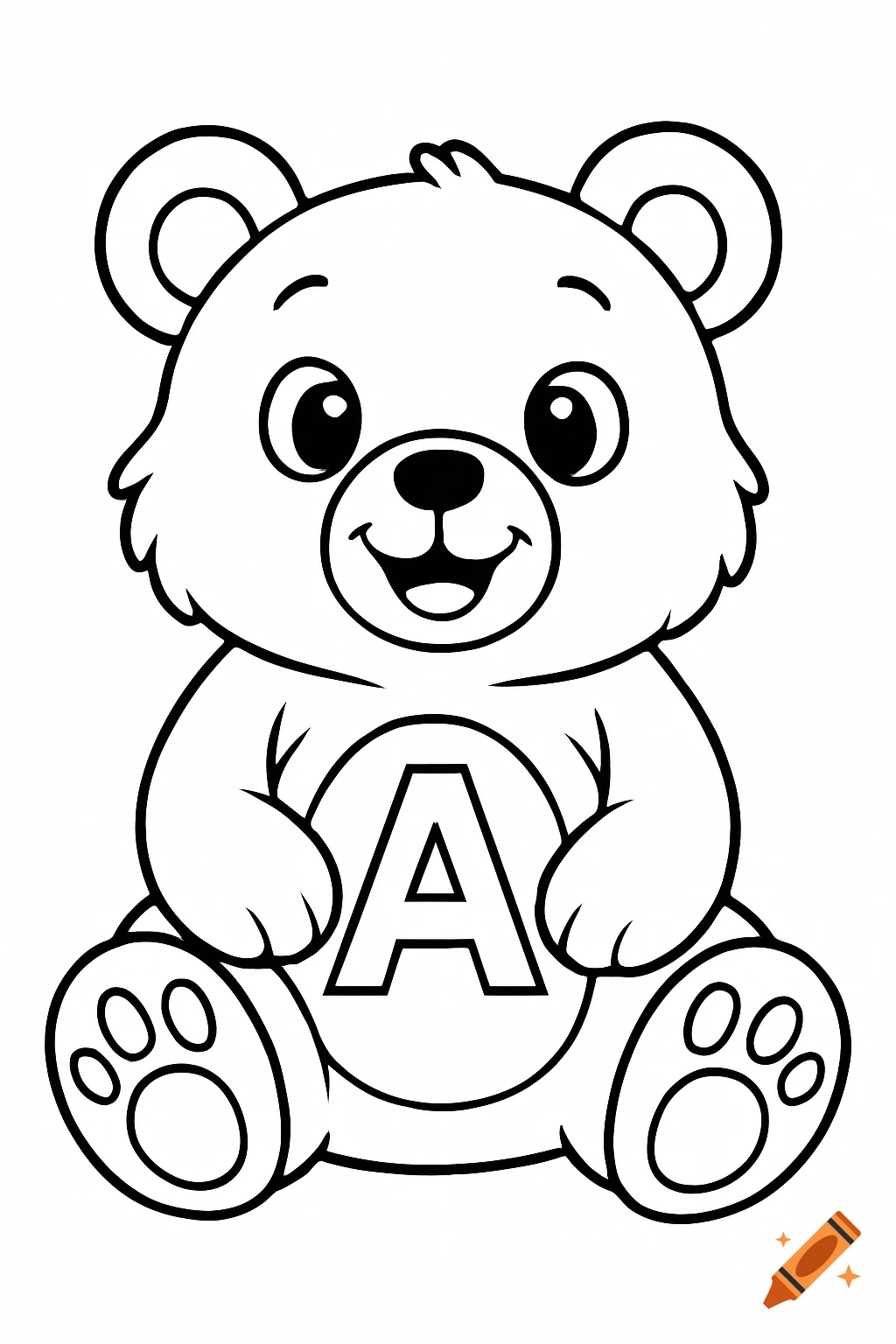 A black and white coloring page of a cute cartoon bear sitting, with the letter 'A' prominently displayed on its belly.