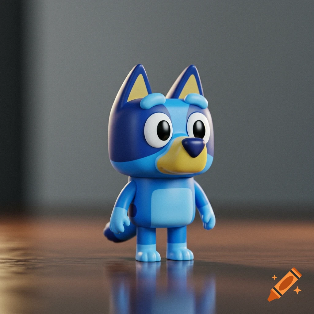A 3D render of a Bluey Funko Pop figure standing on a reflective wooden surface.