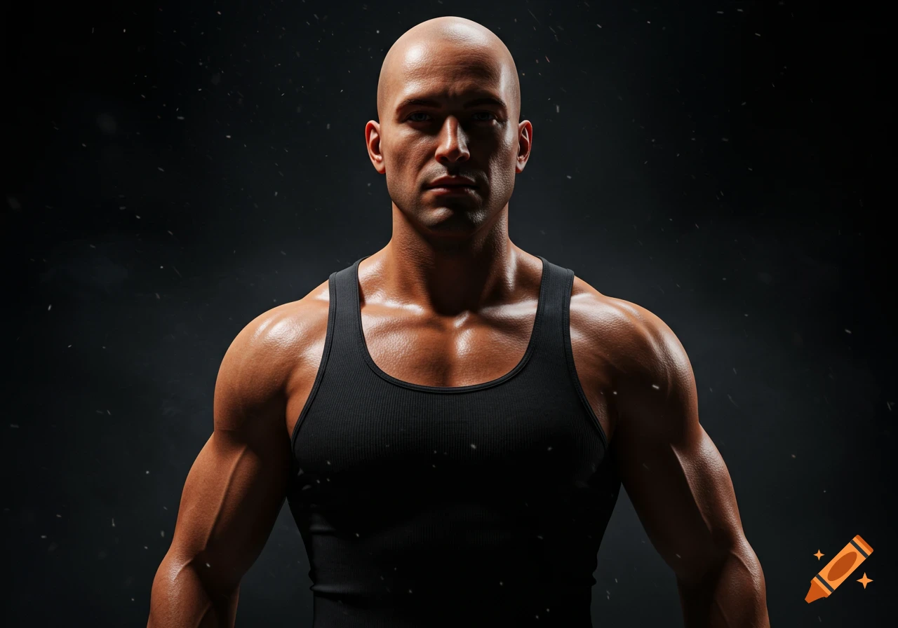 Bald, muscular man in a black tank top looking forward, with a dark background and atmospheric particles. Photorealistic.