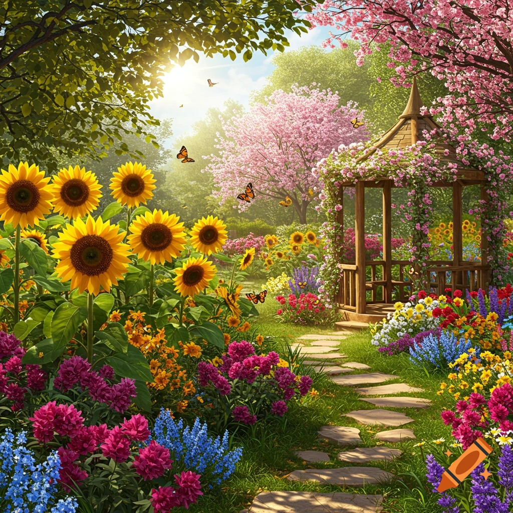 A vibrant, sunlit garden path winding through sunflowers, colorful flowers, lush trees, a wooden gazebo, and butterflies.