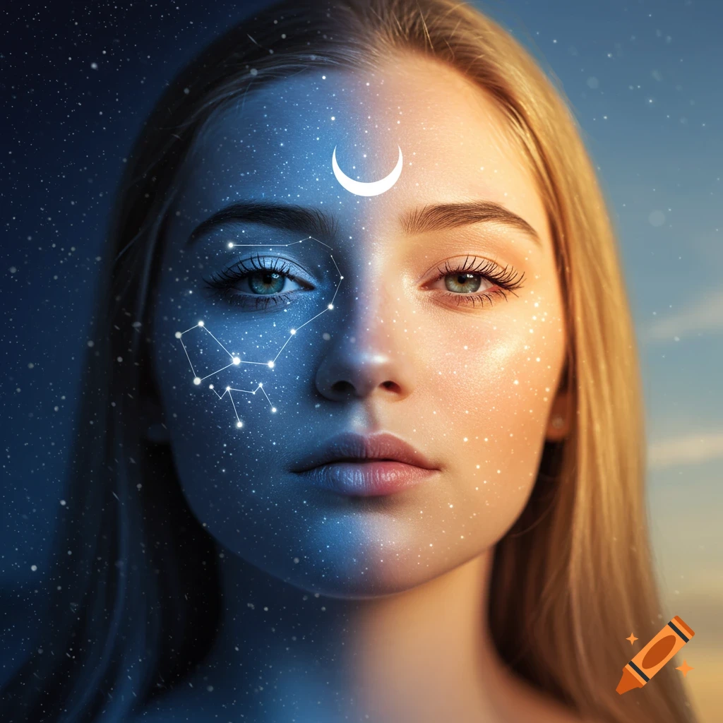 A woman's face split between a starry night with a crescent moon and a sunny day, fantasy style.