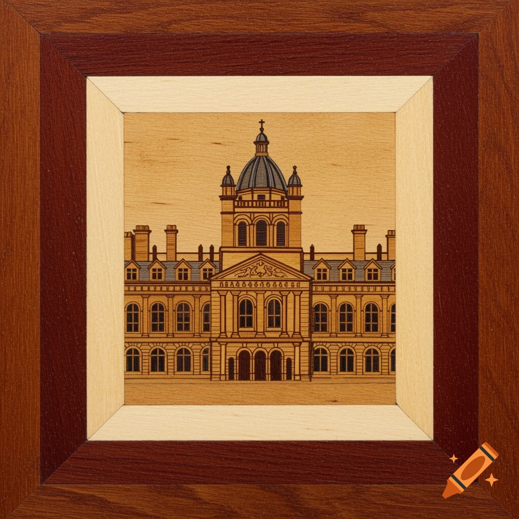 A marquetry illustration of a classical stone building with a large dome, set within a multi-toned wooden frame.