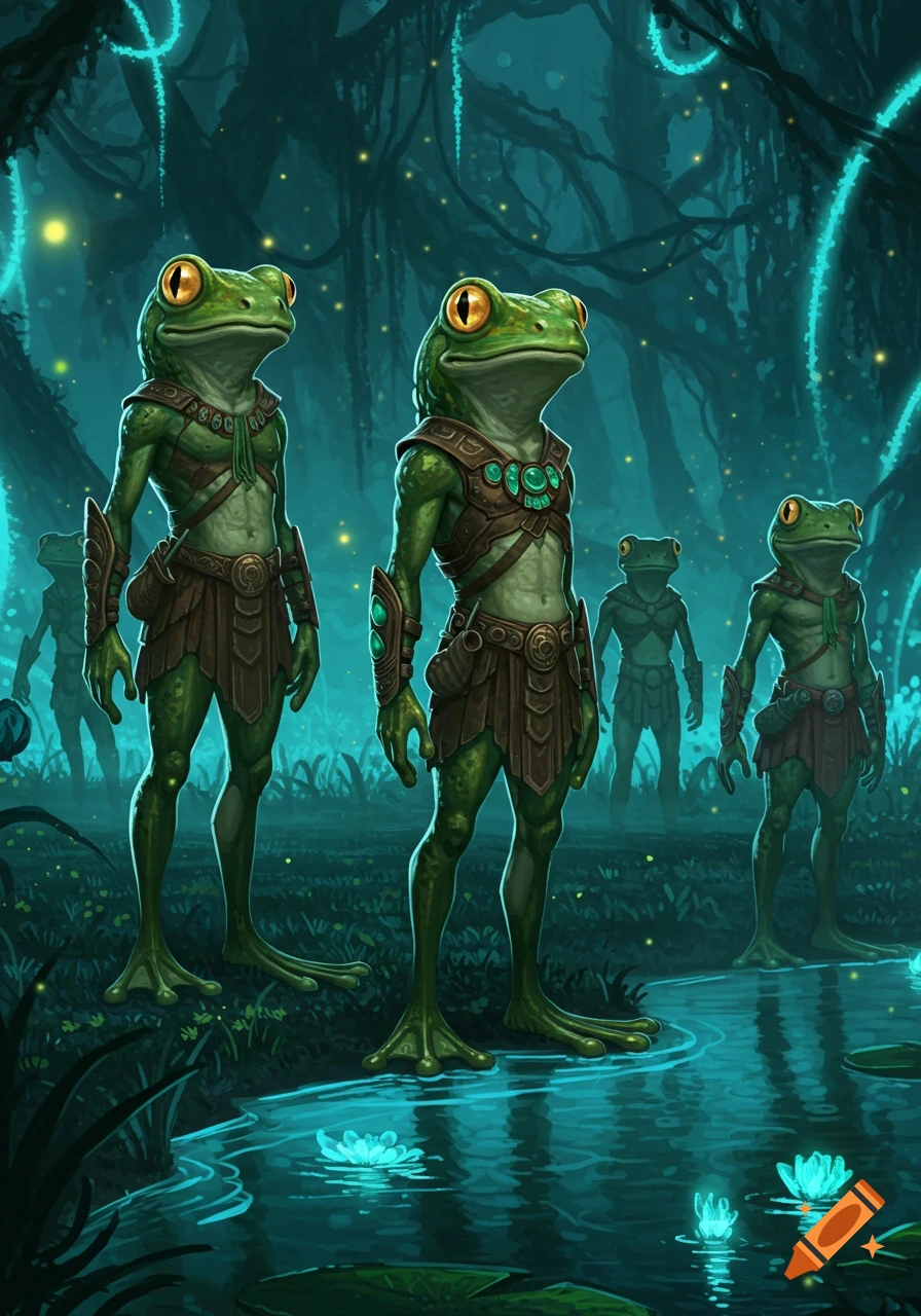 Anthropomorphic frog warriors stand in a dark, glowing swamp with bioluminescent plants and water, digital painting.