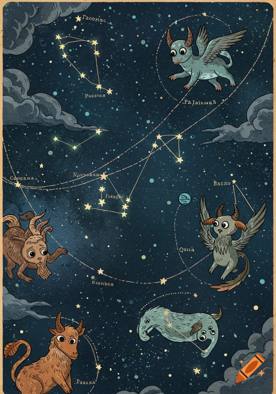 A cartoon-style vintage star map with constellations, whimsical horned and winged creatures, and stylized clouds.