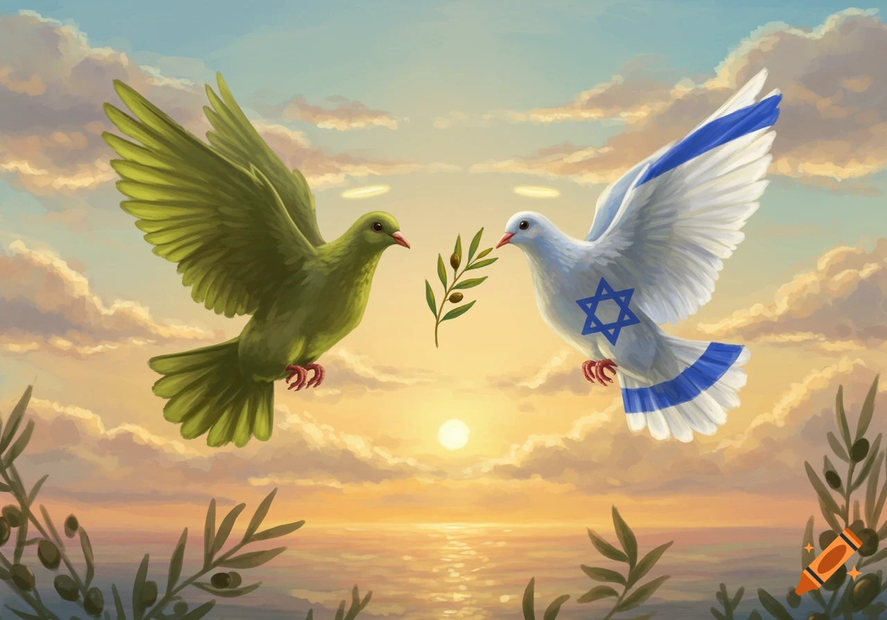 Two doves, one green and one white with the Star of David, exchange an olive branch over a sunset ocean.