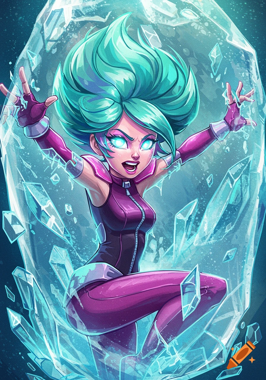 Vibrant cartoon illustration of a dynamic female character with teal hair and glowing eyes, shattering ice around her.