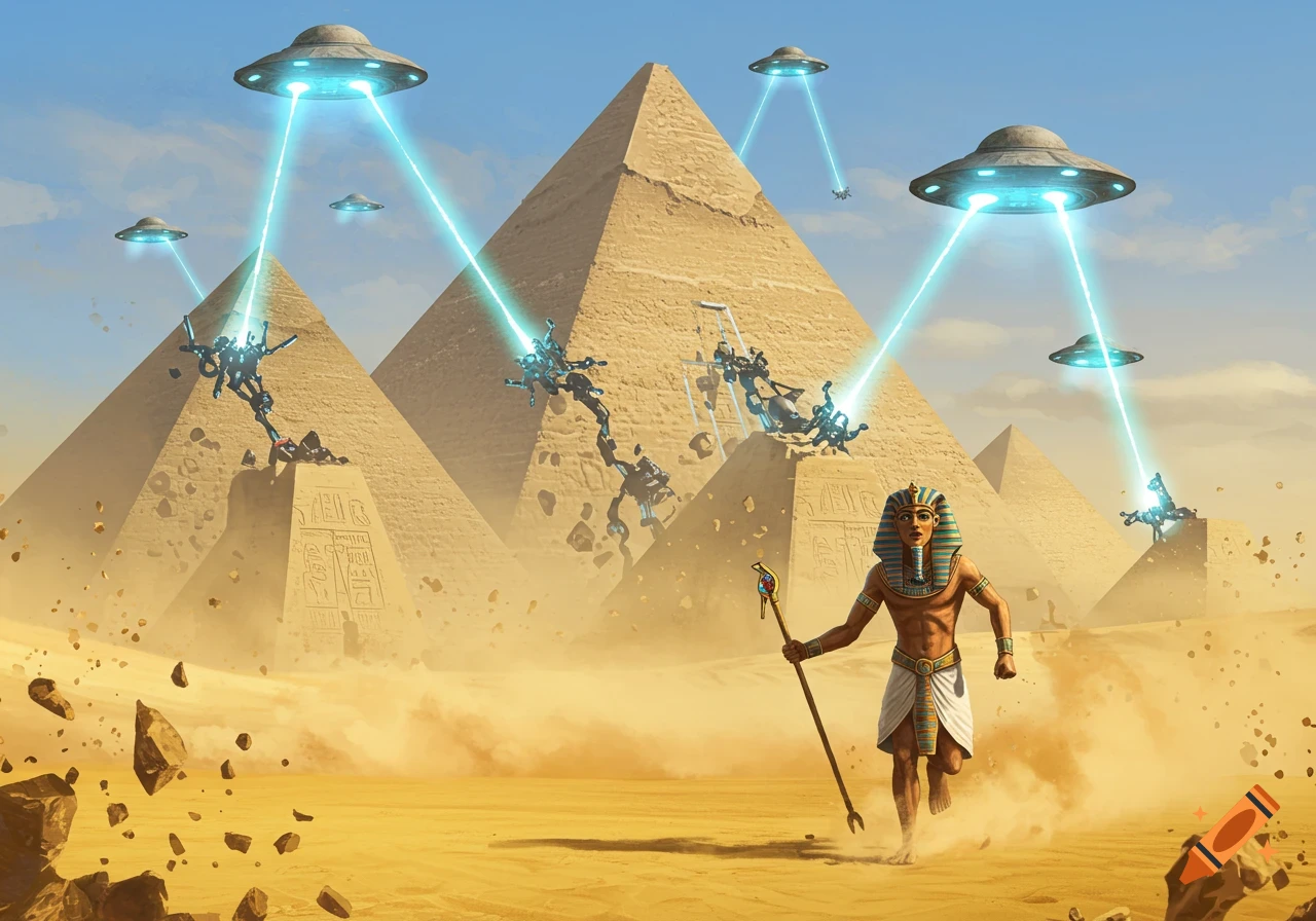 A pharaoh runs through a sandy desert with ancient pyramids as UFOs beam down alien machinery.