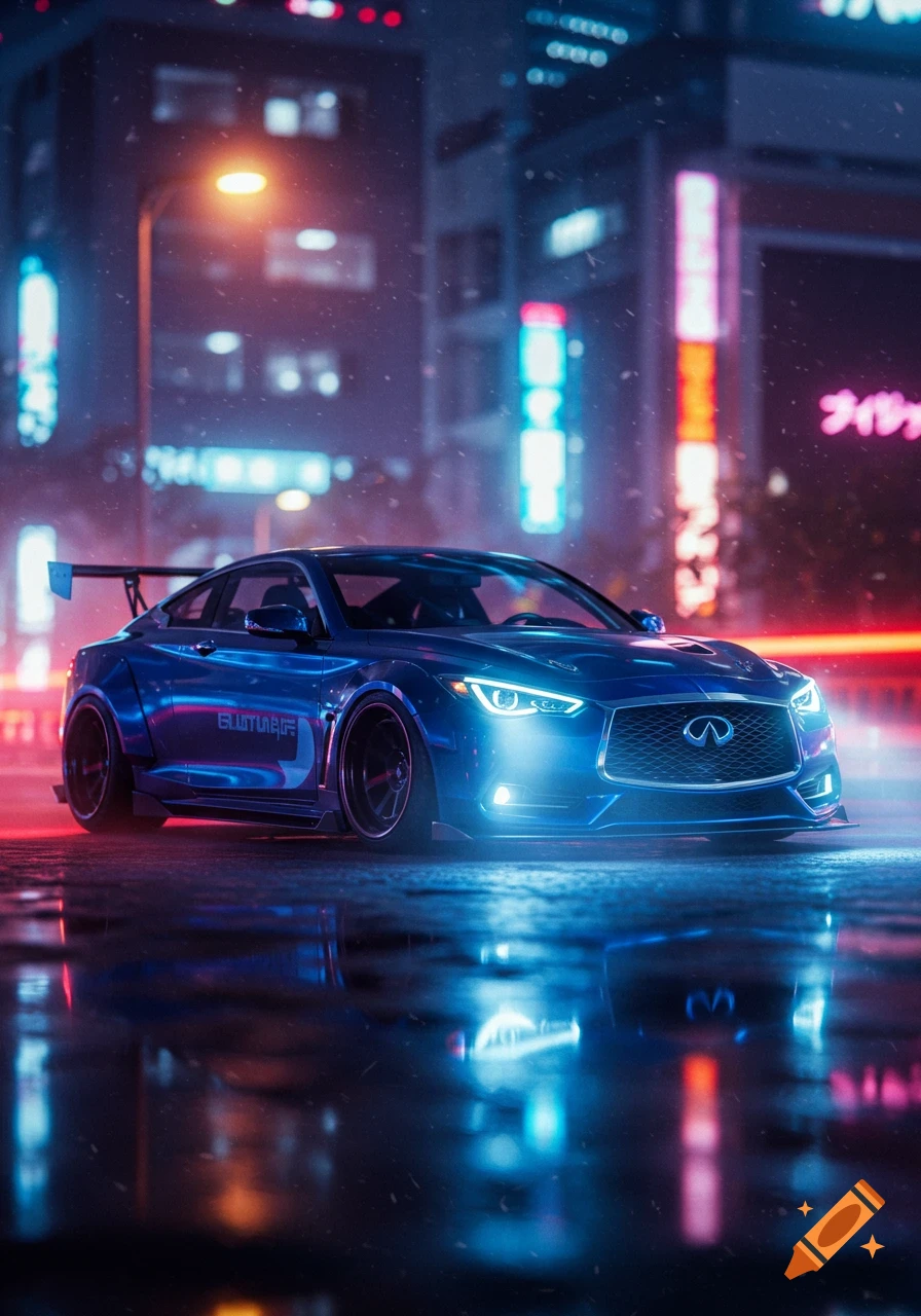 A custom blue Infiniti Q60 car with a widebody kit and large rear spoiler on a wet city street at night, illuminated by blue and pink neon lights from buildings and reflections.