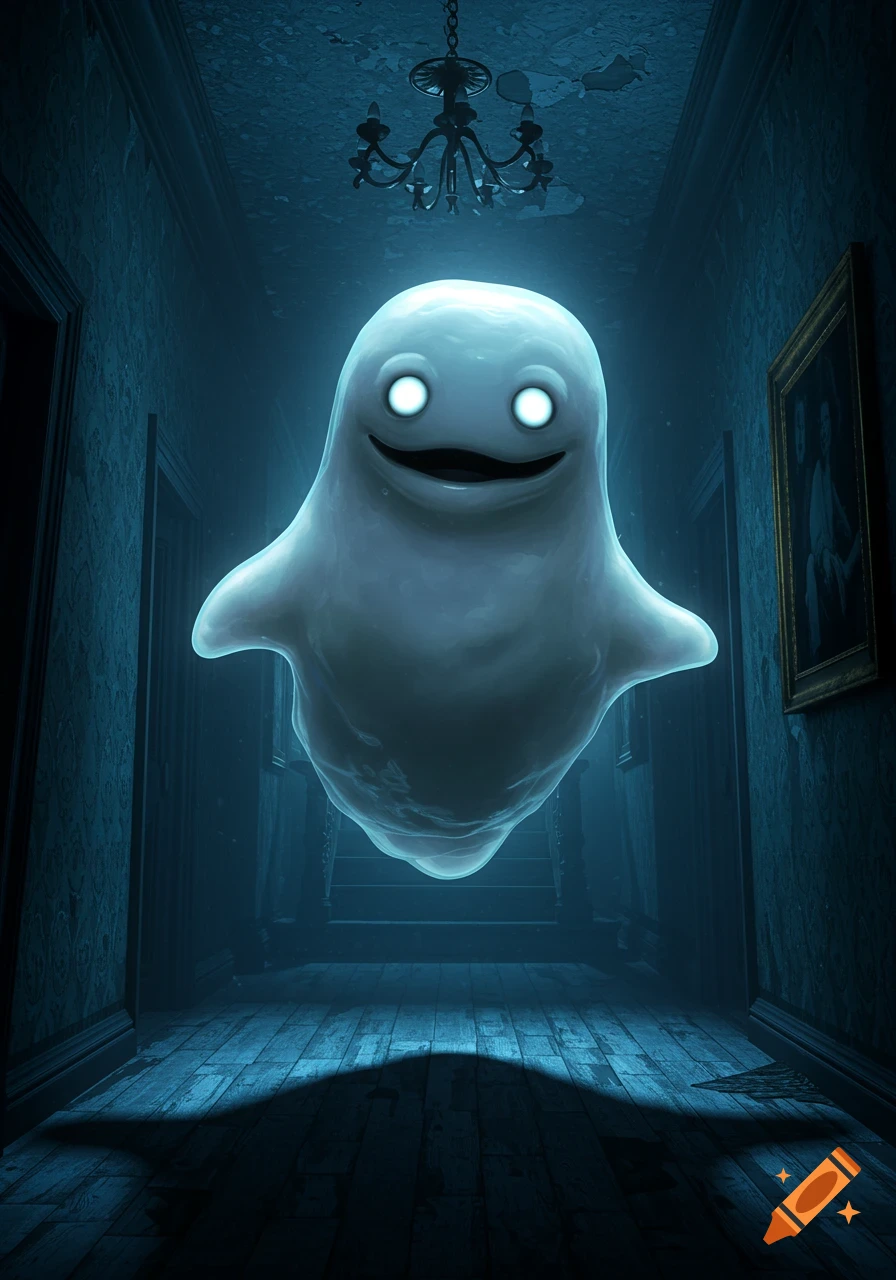 A glowing, friendly-looking white ghost with bright eyes and a smile floats in a dimly lit, blue-toned spooky hallway with a chandelier and a framed picture.