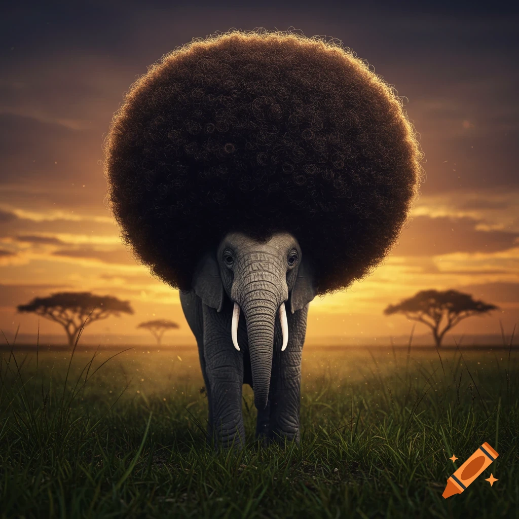 Photorealistic image of a large elephant with a huge afro standing in a grassy savanna at sunset.