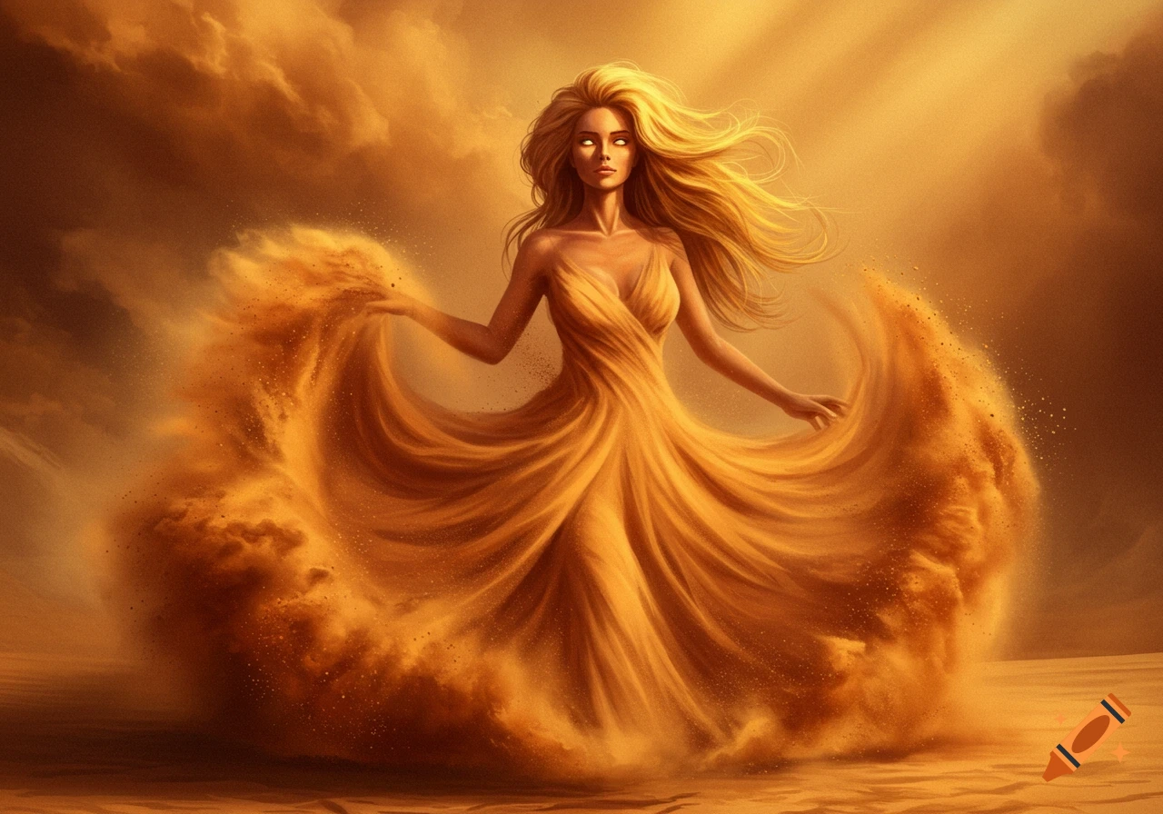 Golden-haired woman in a flowing sand gown, embodying a sandstorm in a desert landscape.