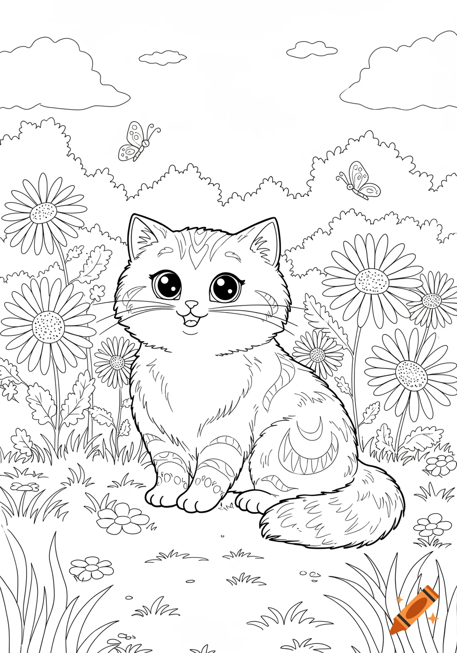A cute fluffy cat sits in a field of daisies with butterflies in a black and white coloring book style.