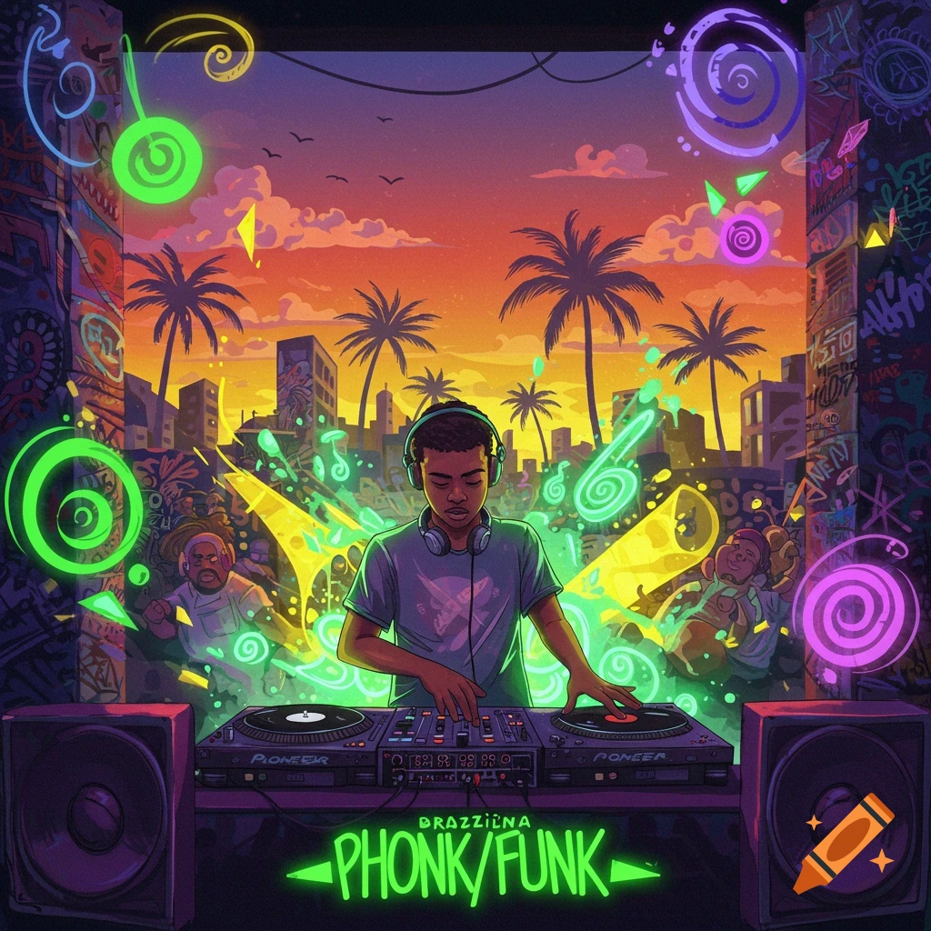 A stylized digital illustration of a young Black DJ in headphones mixing music on turntables, with a vibrant sunset city skyline and neon graffiti elements in the background.