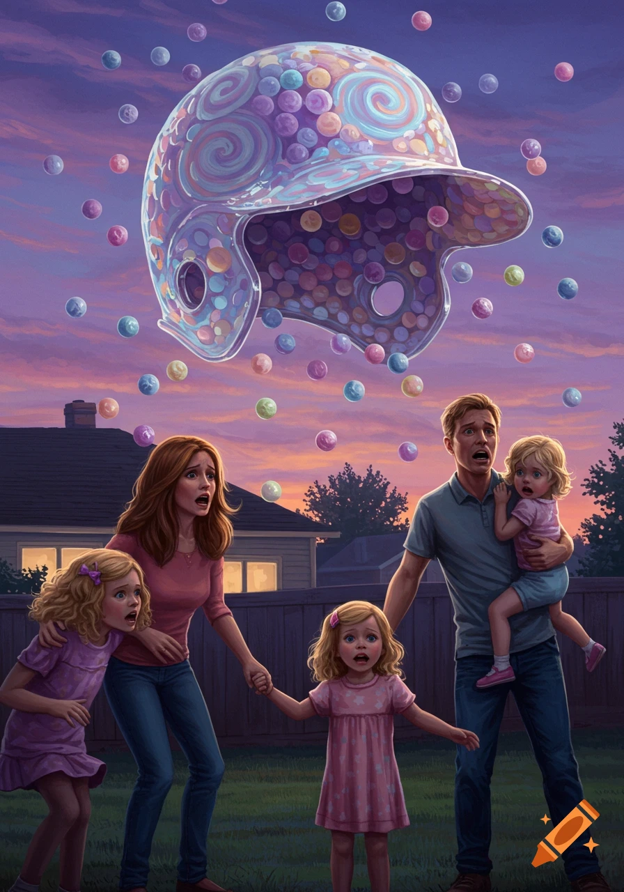 A family looks on in horror as a giant baseball helmet made of colorful candies floats in the sky above them.