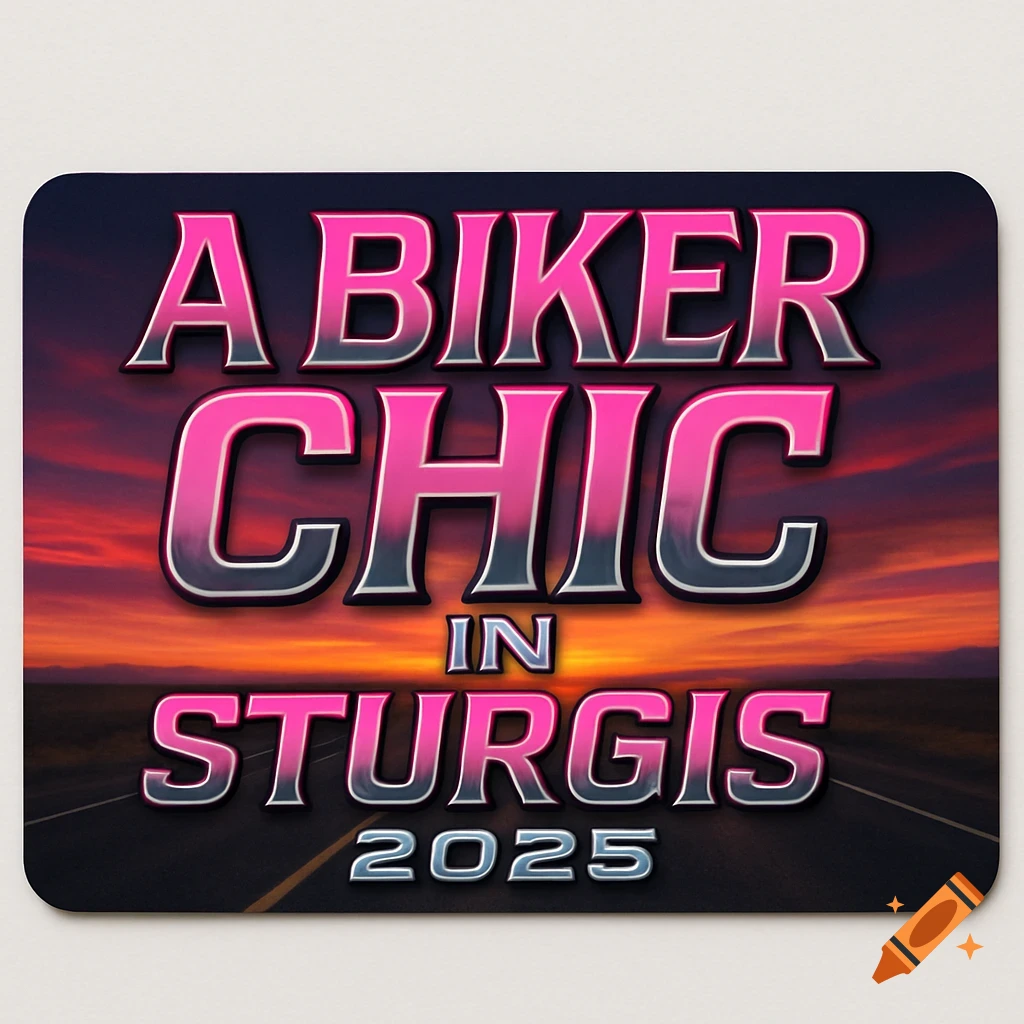 3D text in pink and silver reads 'A Biker Chic in Sturgis 2025' on a background of a road at sunset.