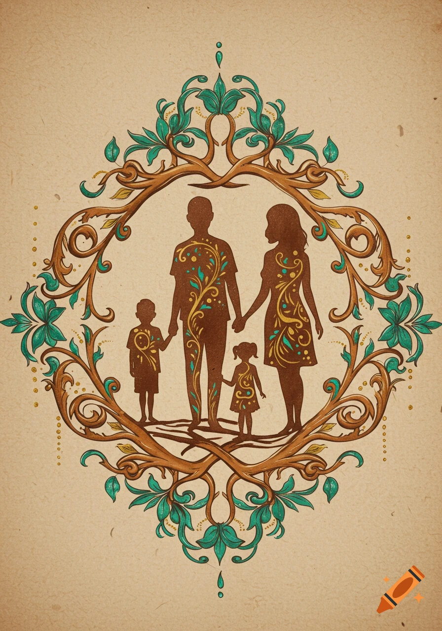 Stylized illustration of a family of four in silhouette, adorned with intricate gold and teal floral patterns, enclosed by an ornate brown and teal frame on a textured beige background.