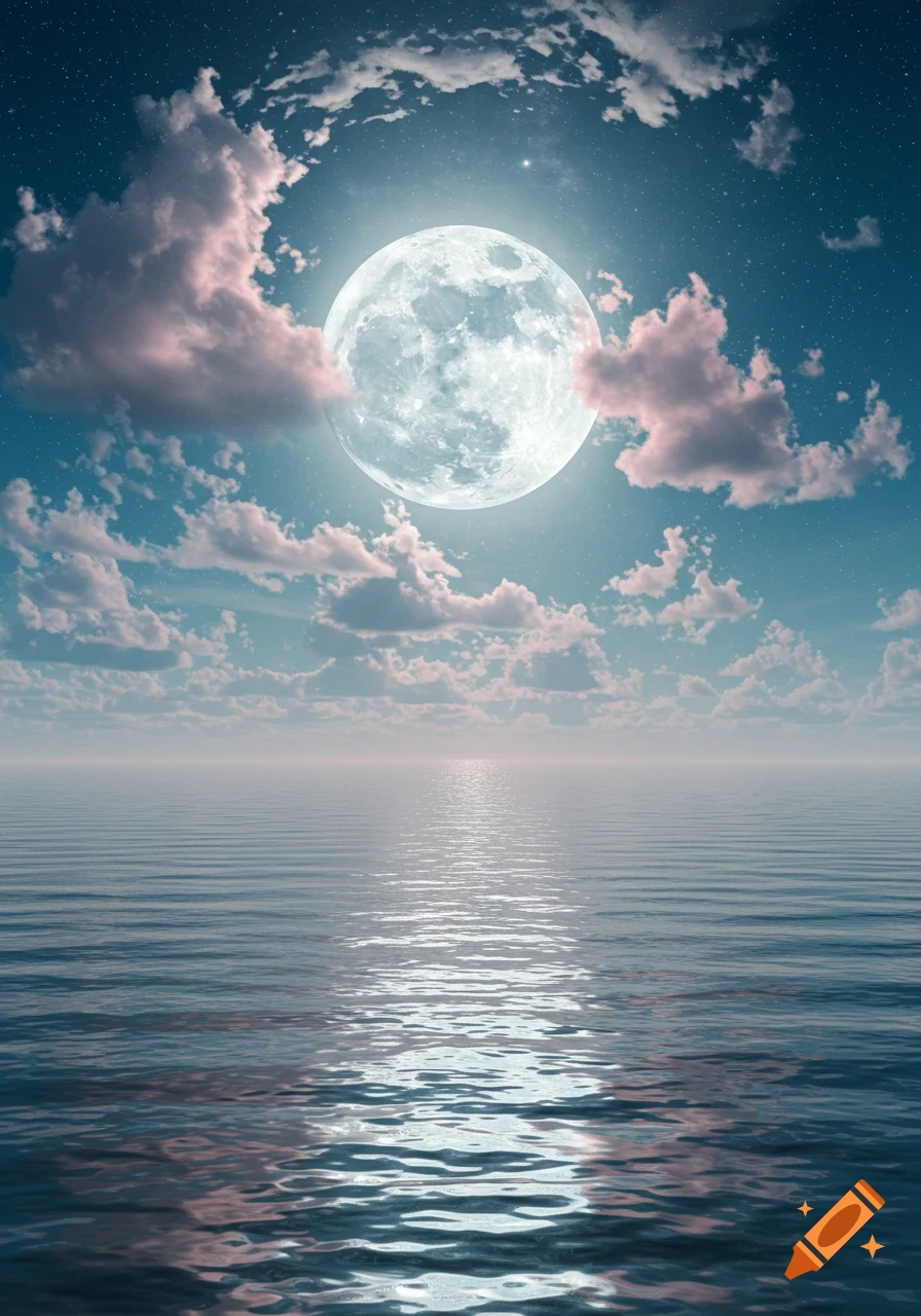 A bright full moon hangs in a starry teal sky with pink clouds, reflecting on a calm ocean.