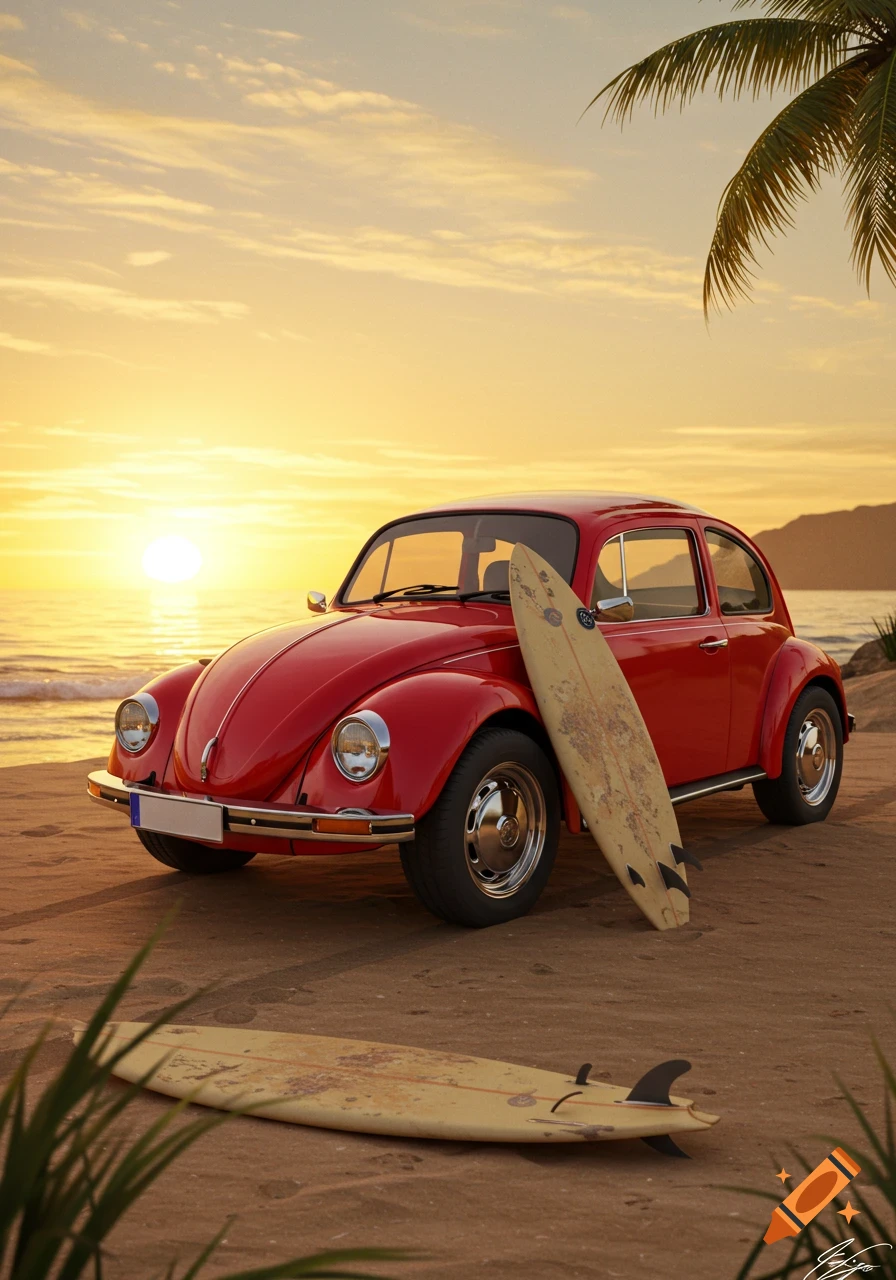 A red Volkswagen Beetle is parked on a sandy beach at sunset, with one surfboard leaning against the car and another lying on the sand.