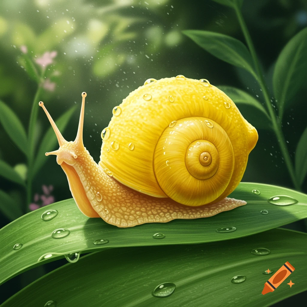 A whimsical snail with a bright yellow lemon for a shell sits on a green leaf covered in water droplets.