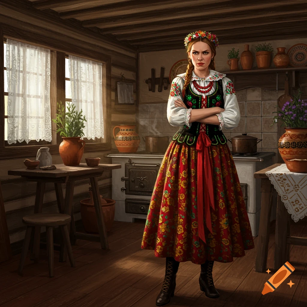A woman in a traditional Polish folk costume with a floral wreath stands angrily with crossed arms in a rustic kitchen.