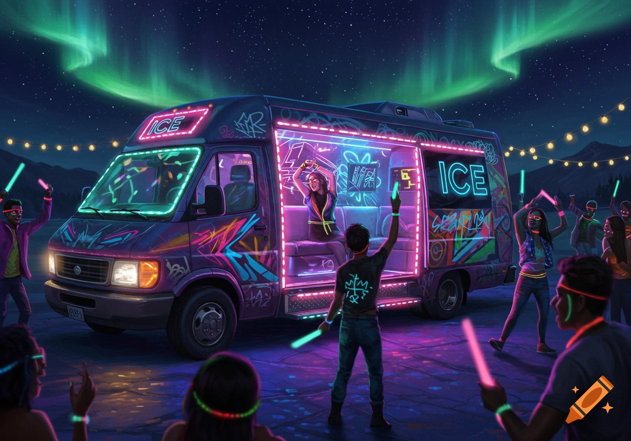A vibrant party scene at night featuring a custom van with neon lights and graffiti, surrounded by people dancing with glow sticks under the aurora borealis.