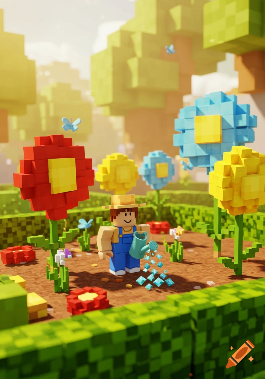 A blocky character in a straw hat and blue overalls waters blocky flowers in a sunny, pixelated garden.