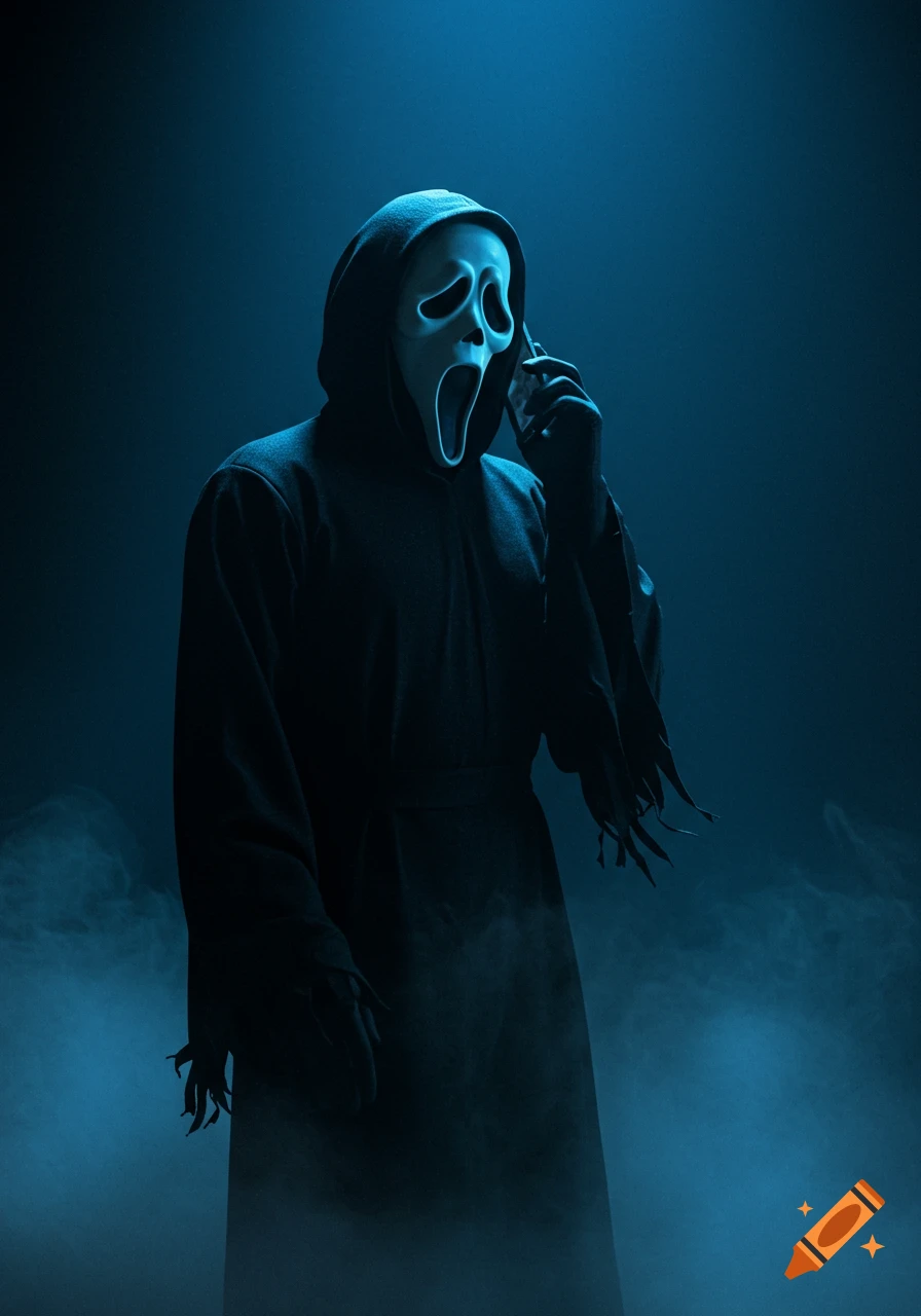 Ghostface in a black robe and white mask talking on a cell phone in a dark, blue-lit, smoky room.