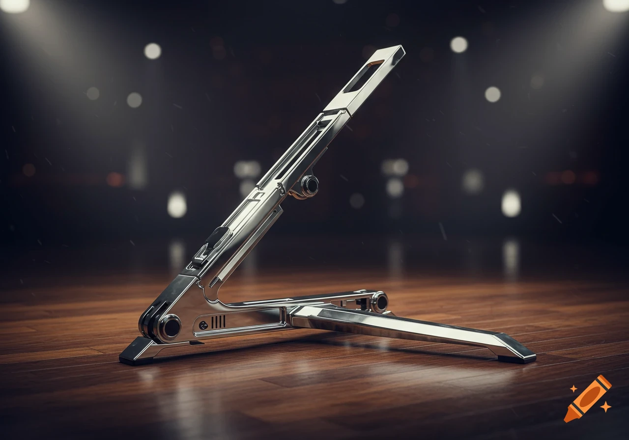 A photorealistic image of a metallic stand, likely for musical equipment, on a polished wooden floor with a blurred dark background and bokeh lights.