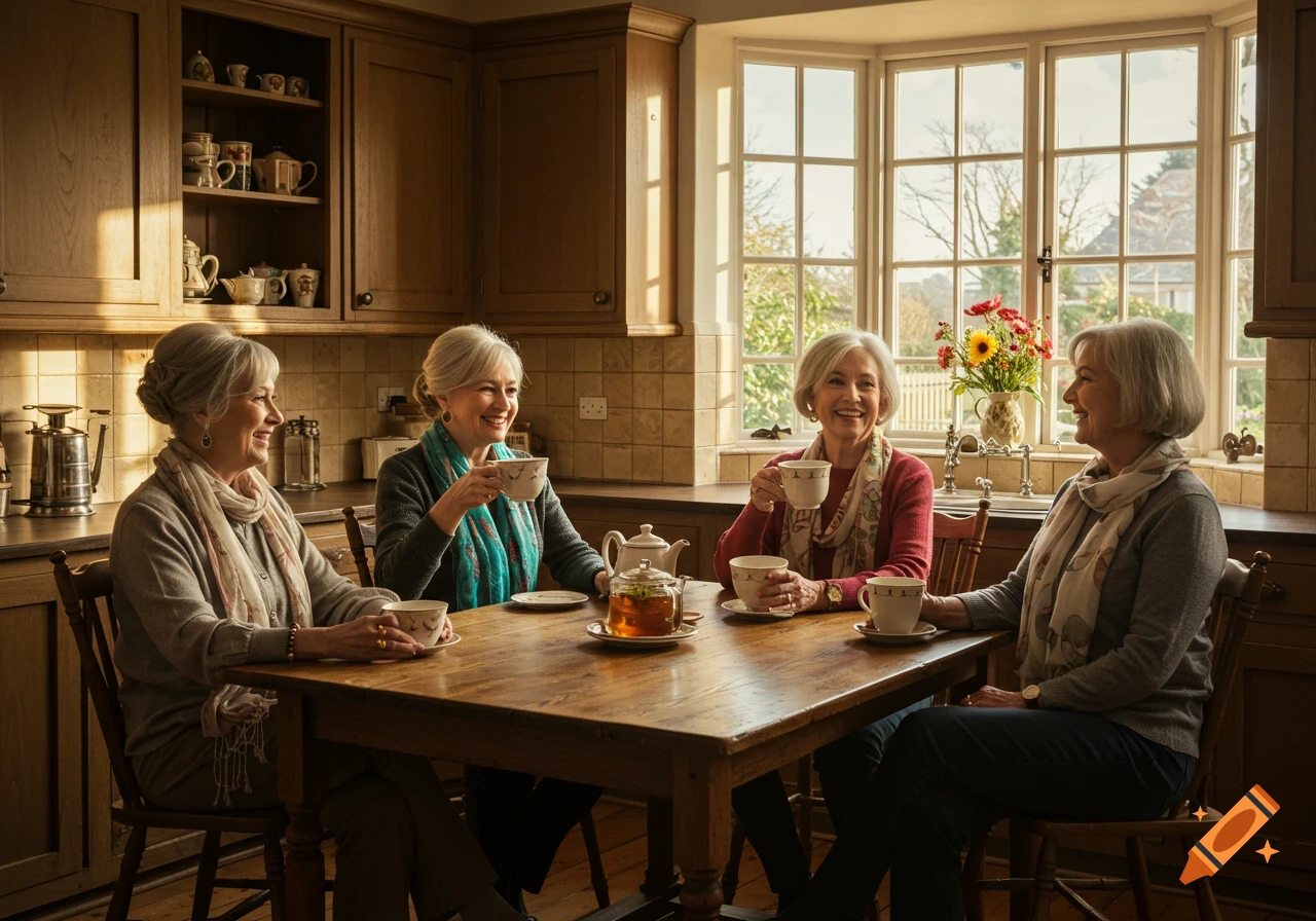 Four smiling elderly women are gathered around an old oak kitchen table, drinking tea in a sunlit kitchen.