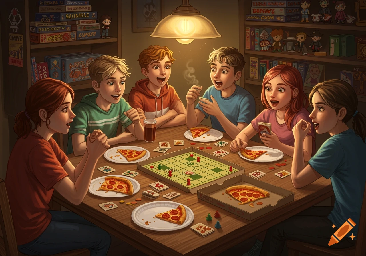 Six young people sit around a table, eating pizza and playing a board game in a warm, cozy room filled with board game boxes.