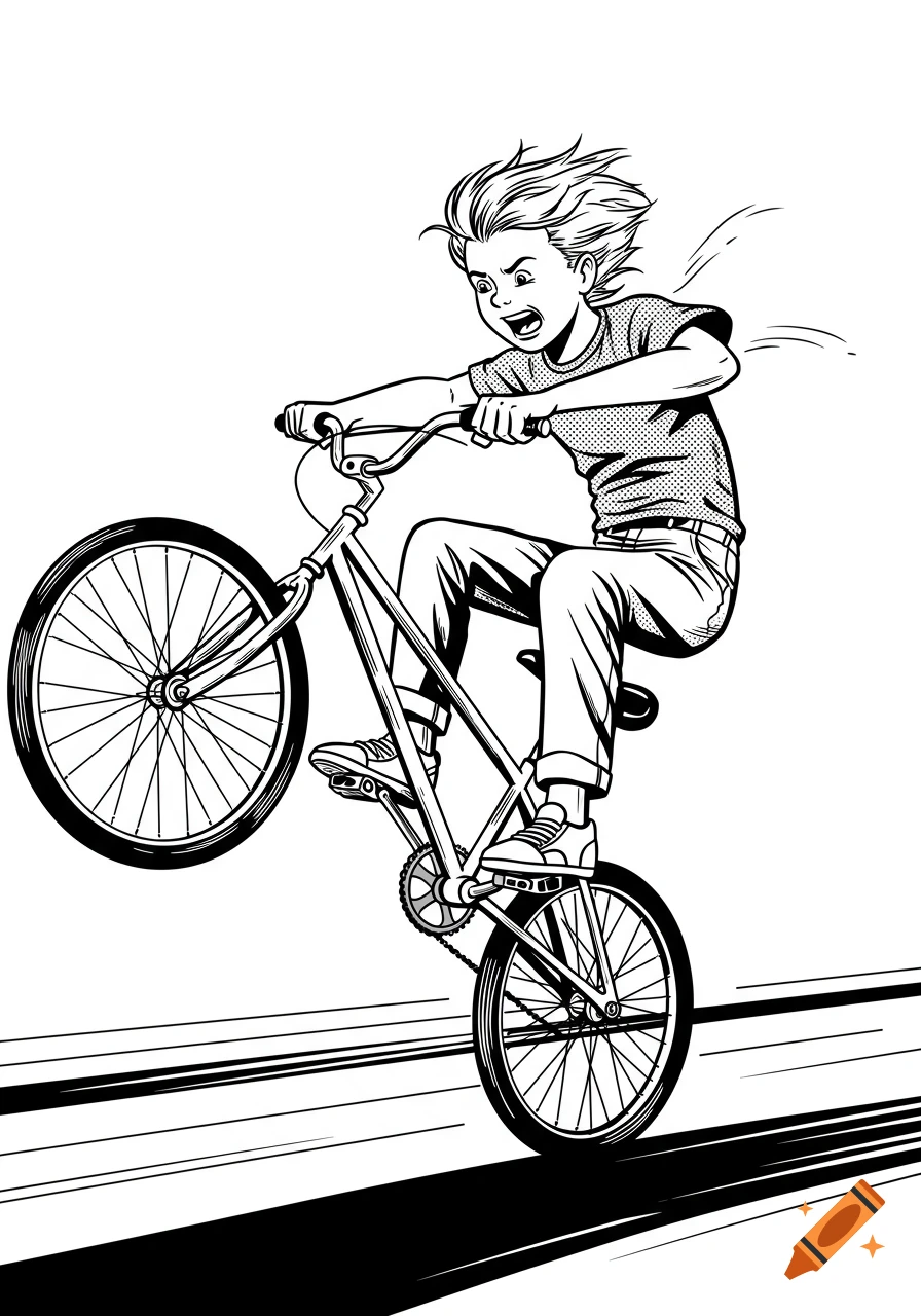 Boy riding a wheelie on a bicycle in a black and white pop art style illustration, with wind lines indicating movement.