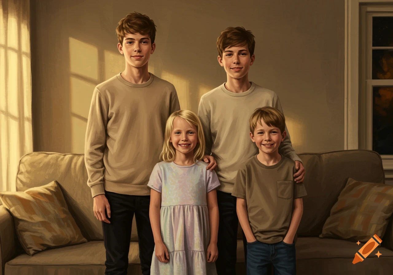 Four smiling siblings, two older boys, a girl in a pastel dress, and a younger boy, stand together in a warmly lit living room.