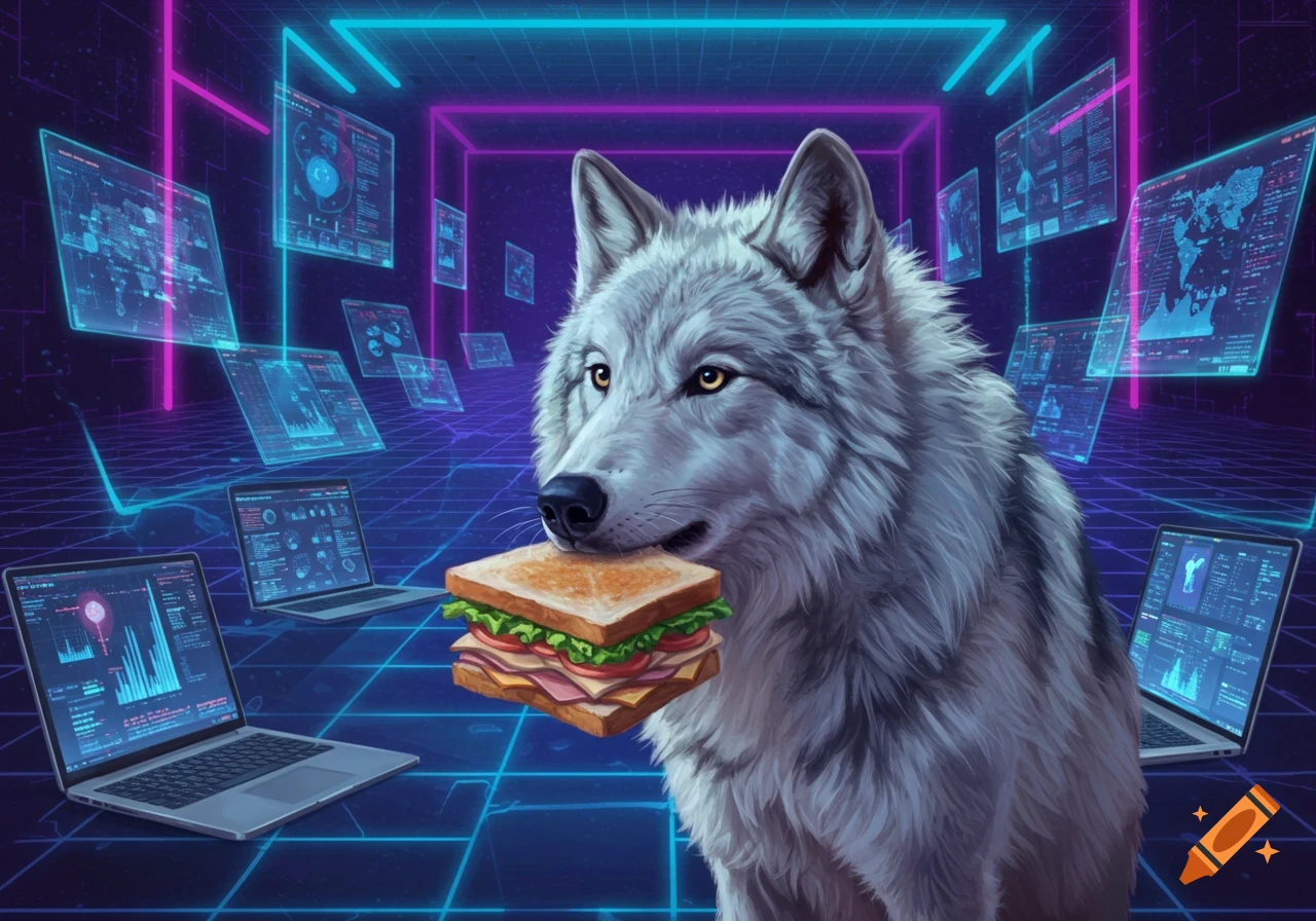 A grey wolf holds a sandwich in a vibrant, futuristic digital world with neon lines, floating screens, and laptops.
