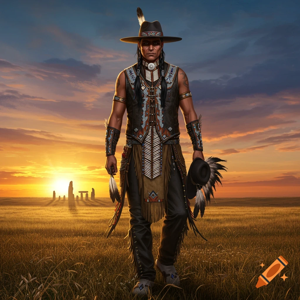 A man in Native American-inspired attire stands in a golden field at sunset, with distant stone monoliths.