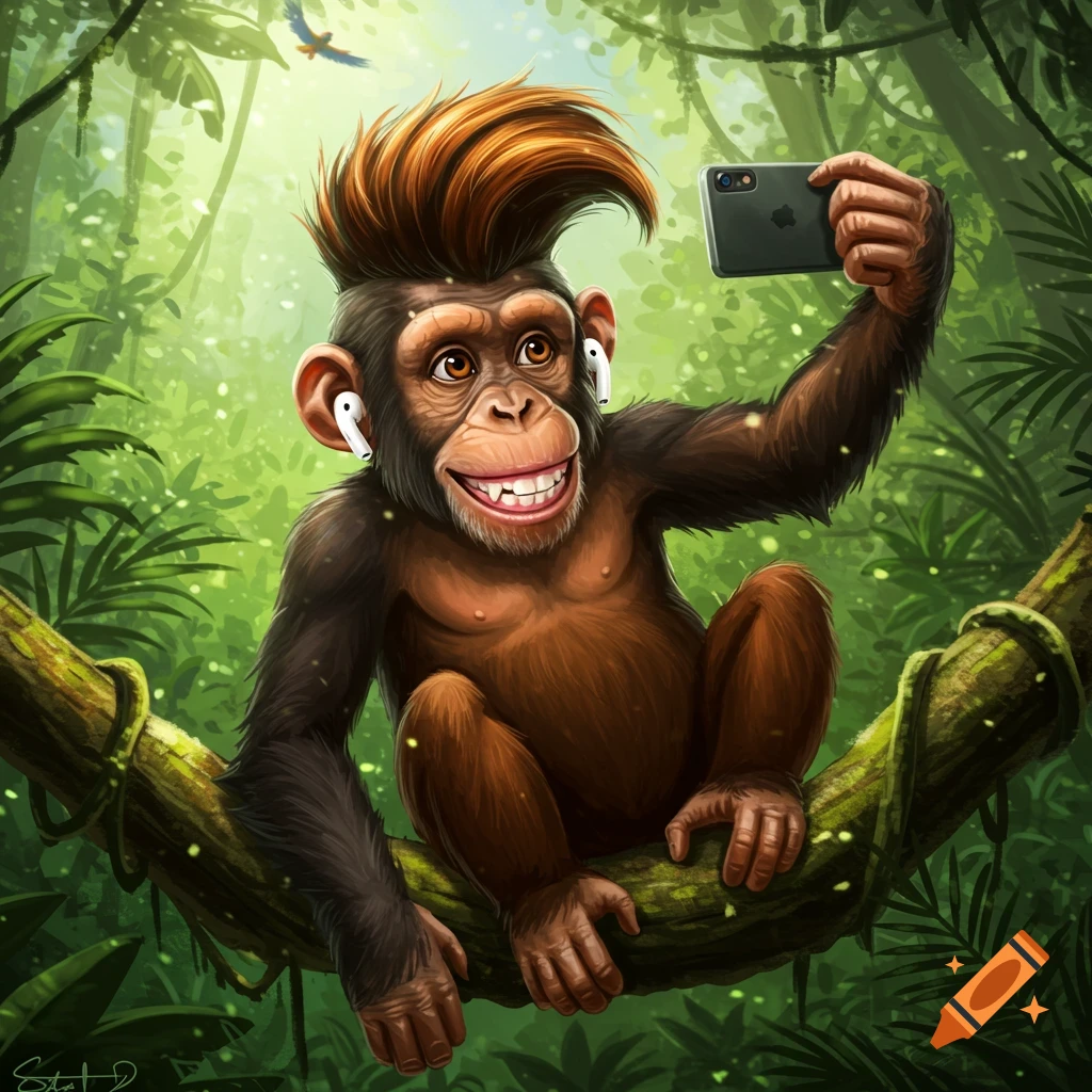 A cartoon chimpanzee with spiky orange hair and AirPods takes a selfie with a smartphone in a lush green jungle.