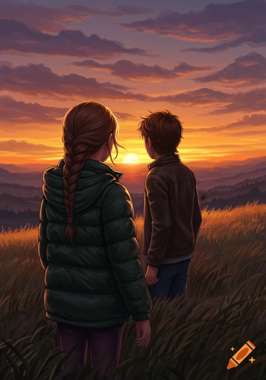 An illustration of a girl with a braid and a boy looking at a colorful sunset over hills from a grassy field.