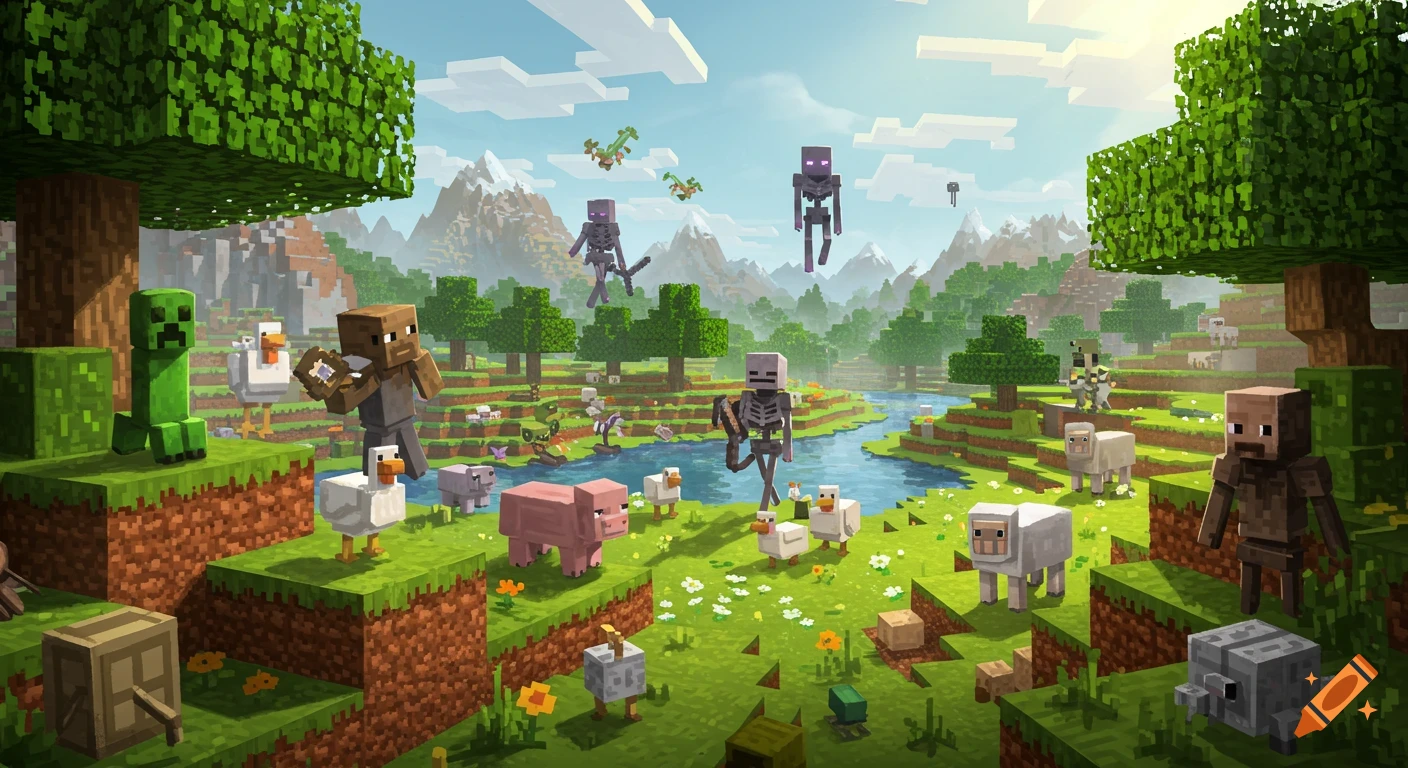 A vibrant, blocky Minecraft landscape with various mobs like creepers, skeletons, villagers, animals, and endermen by a river under a sunny sky.