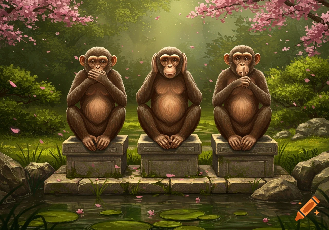 Three monkeys representing 'see no evil, hear no evil, speak no evil' on stone pedestals in a lush cherry blossom forest with a pond.