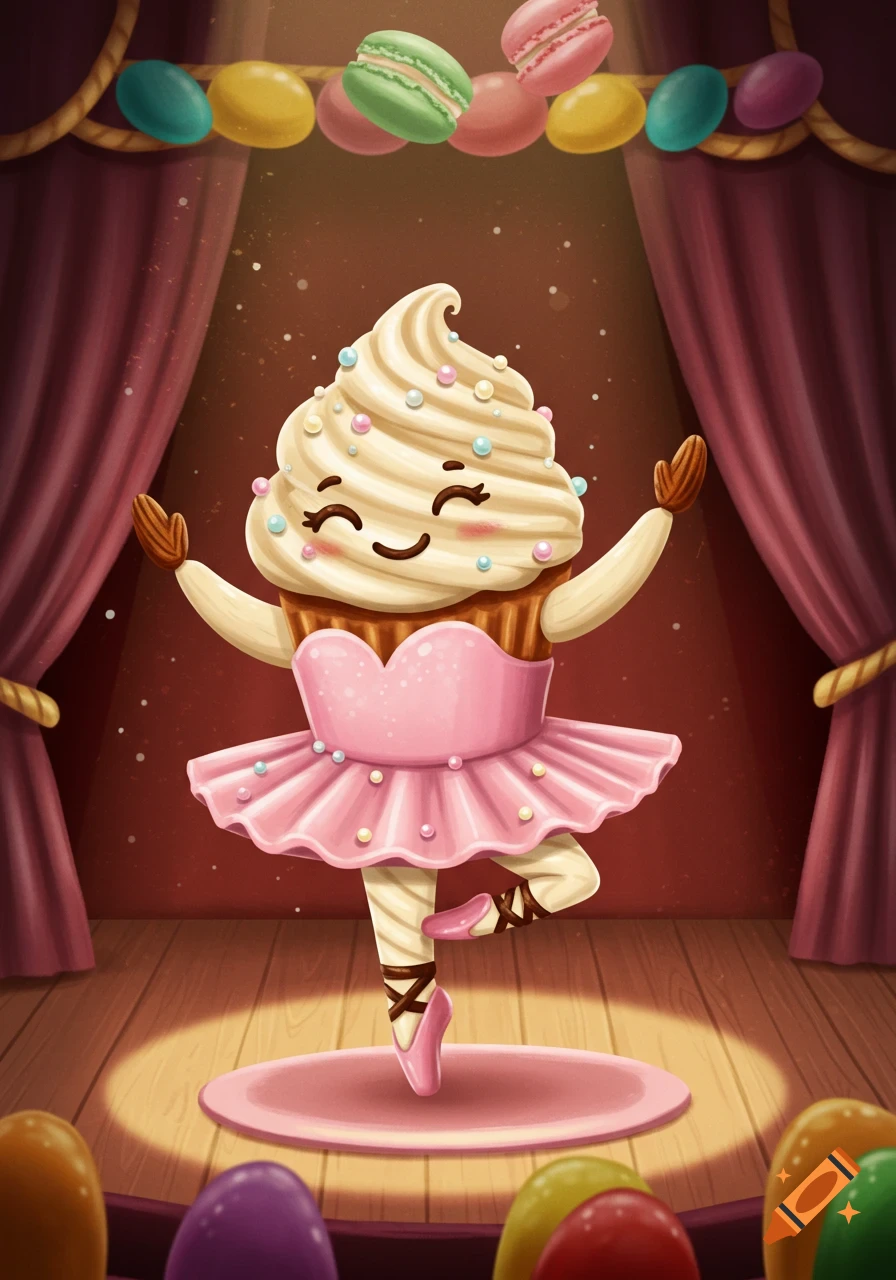 A cute, cartoon cupcake ballerina with a pink tutu dances on a spotlighted stage with red curtains and macarons.