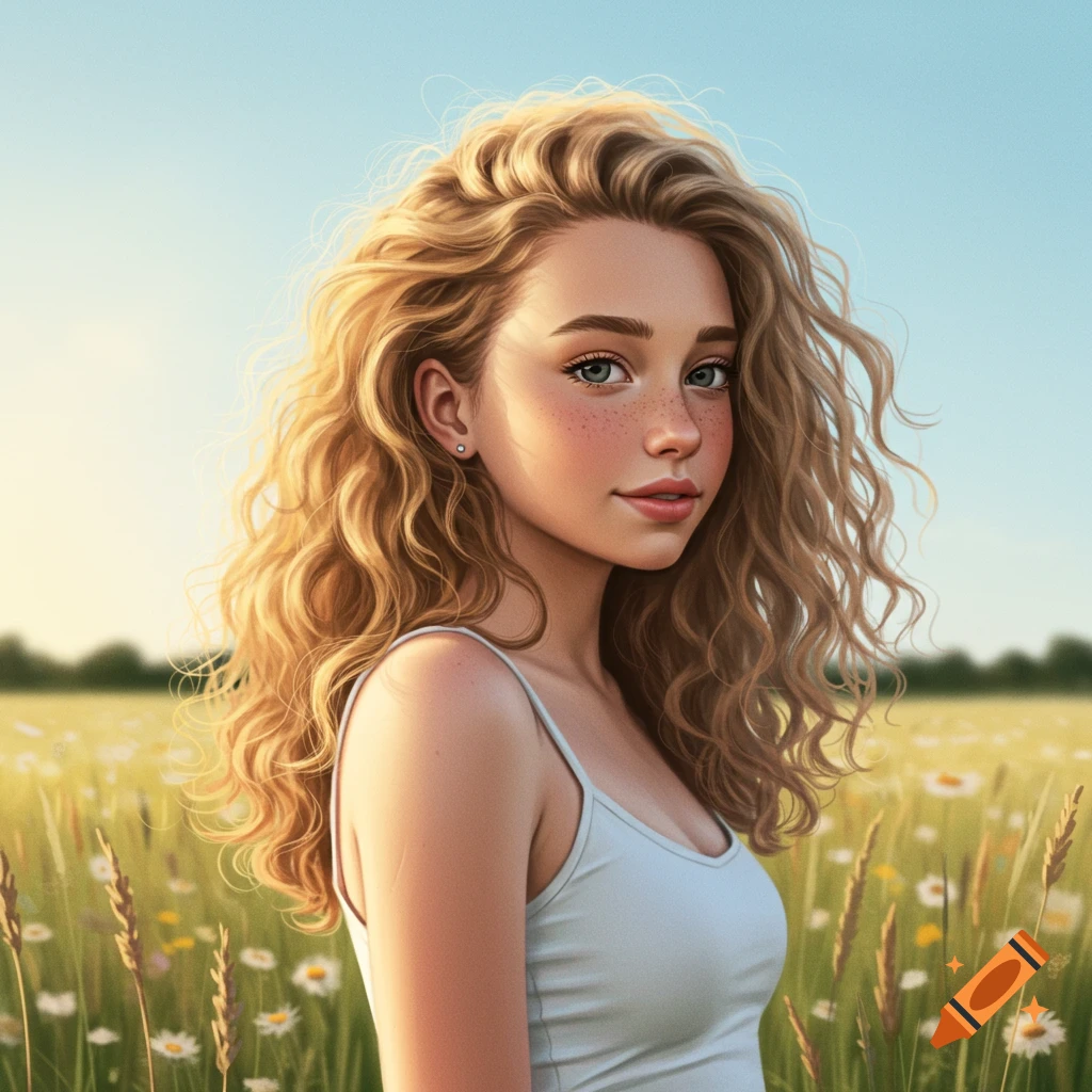 A close-up portrait of a young woman with long curly blonde hair and freckles, wearing a white tank top, standing in a sunny field of wildflowers.