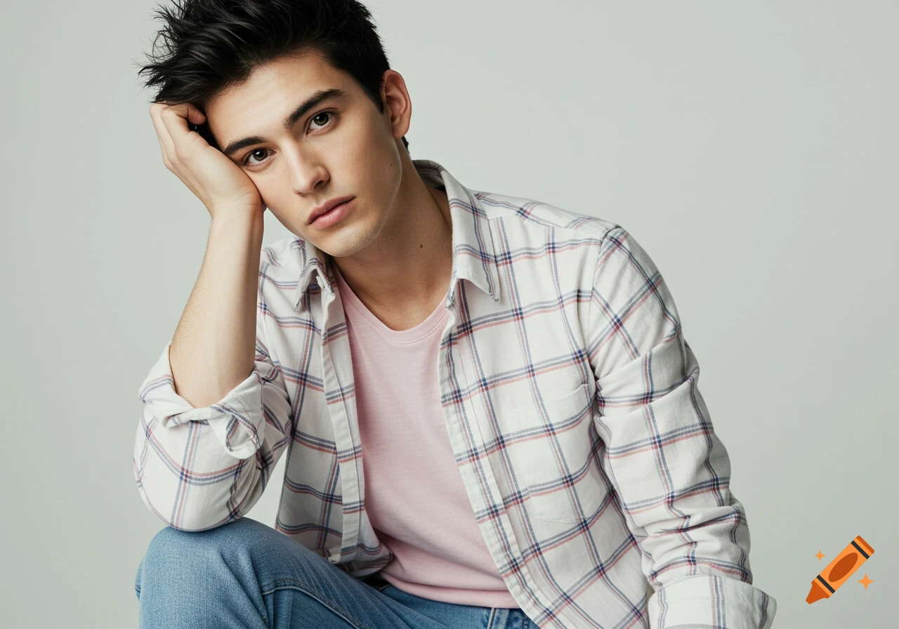 Photorealistic portrait of a young man with dark hair, brown eyes, wearing a pink t-shirt, white plaid shirt, and blue jeans, resting his hand on his head.