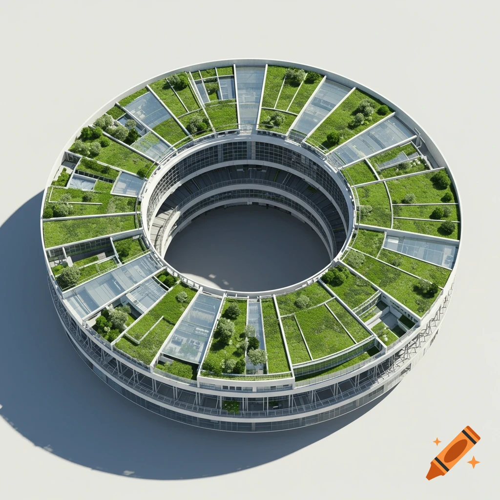 Top-down view of a circular modern building with green rooftop gardens and glass sections.