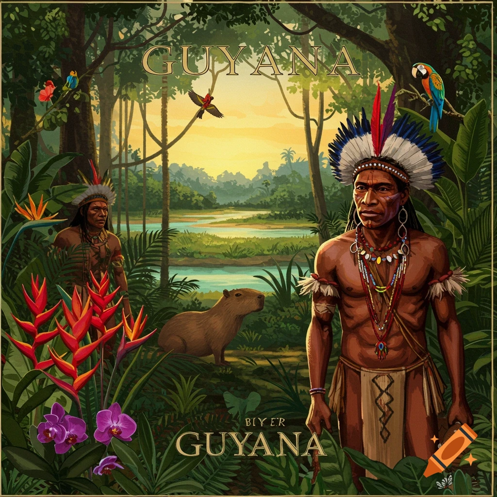 Detailed illustration of two indigenous men in a lush jungle with a capybara, parrots, and 'GUYANA' text.