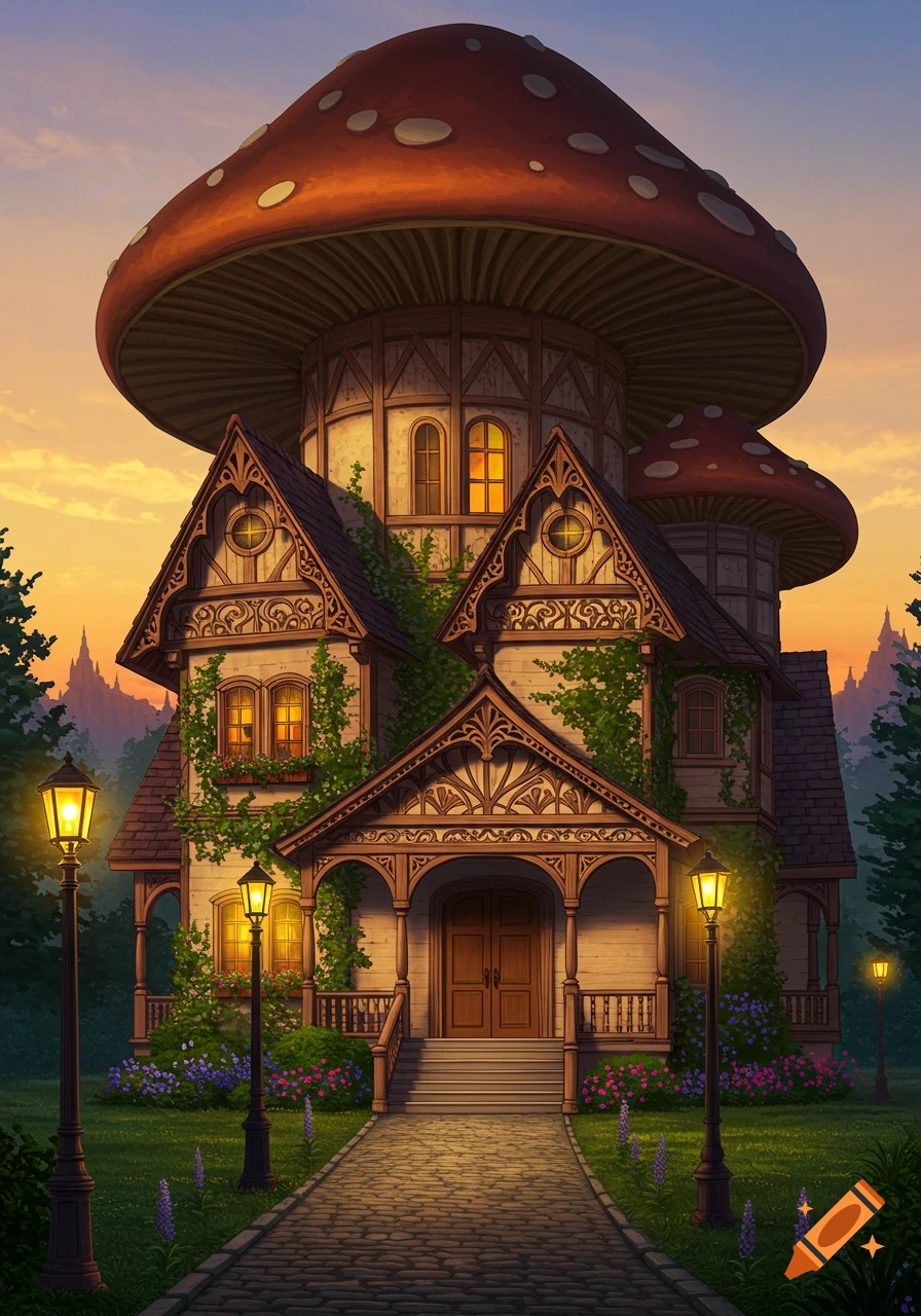 A whimsical Victorian-style house with a large mushroom cap roof at sunset, surrounded by a garden and a cobblestone path lined with glowing lamp posts.