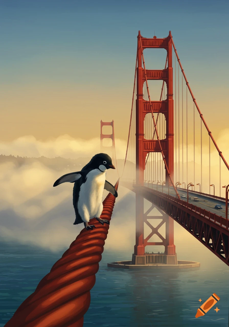A stylized image of a penguin balancing on a red cable of the Golden Gate Bridge, shrouded in mist.