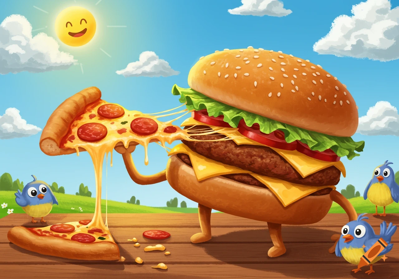 A cartoon hamburger with legs holds and eats a slice of pepperoni pizza outdoors under a smiling sun with two small birds nearby.