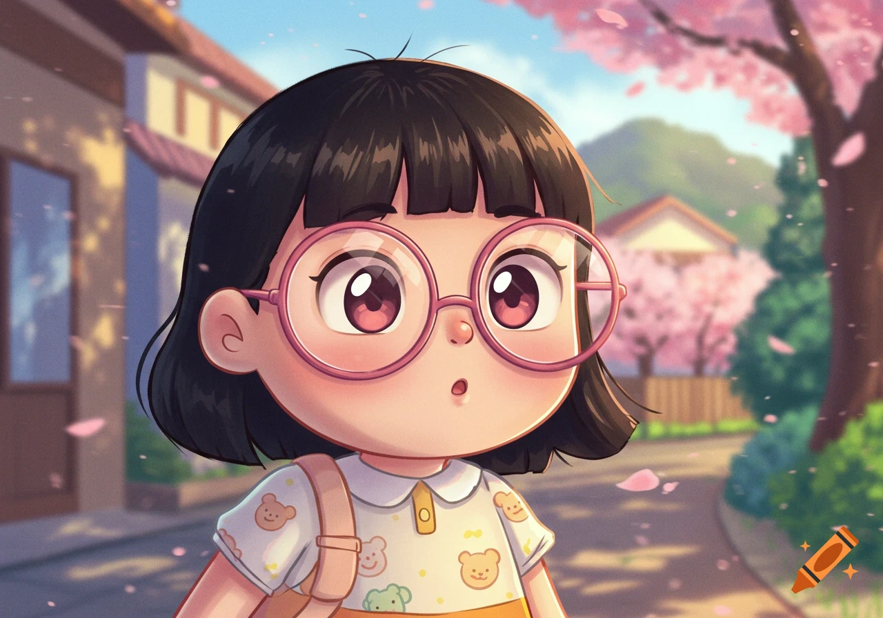 A cute anime girl with pink round glasses and short black hair stands outside during spring with cherry blossoms.